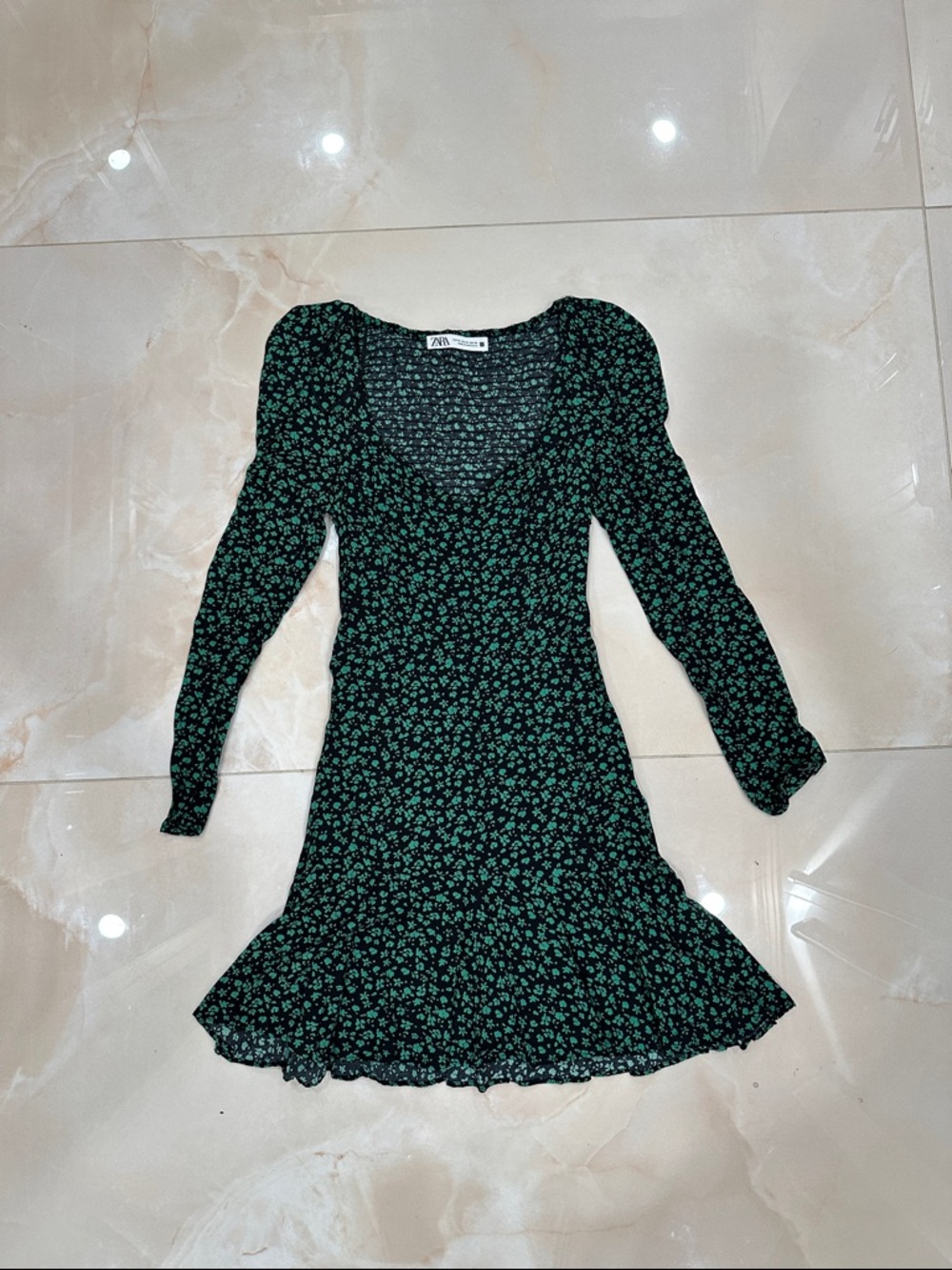 ZARA Black Dress with Green Floral Print, Long Sleeve Mini